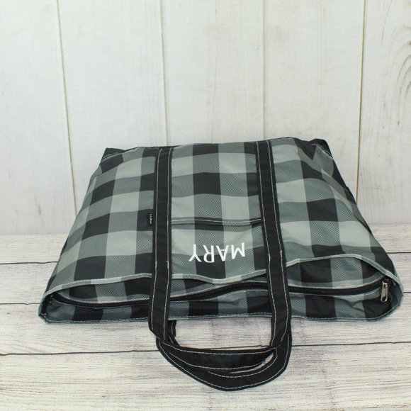 LL Bean Boat & Tote Plaid Gray Polyester Zip-Top Embroidery "Mary" Tote Bag - Picture 8 of 11